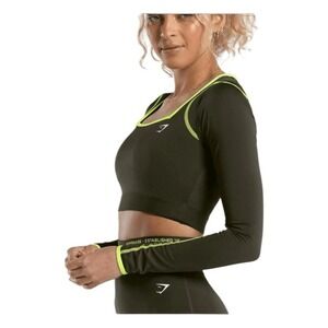 Gymshark Contrast Long Sleeve Crop Top Olive Green Fluro Green Square Neck Athle